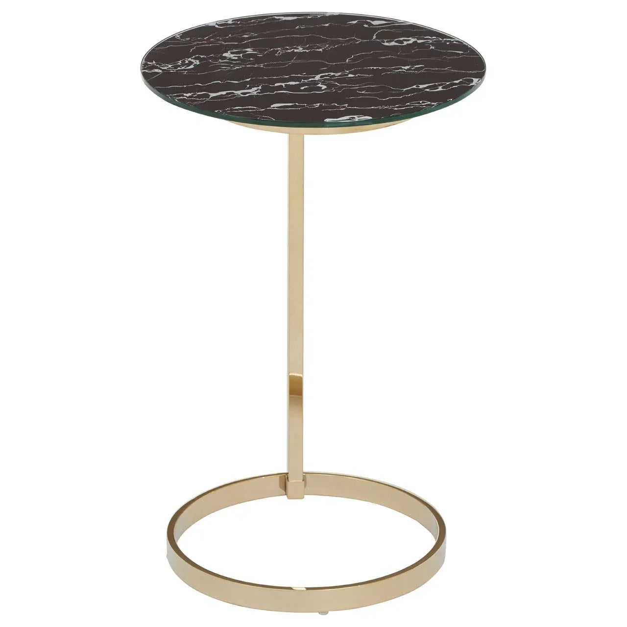 Round black marble side table with gold metal frame and circular base