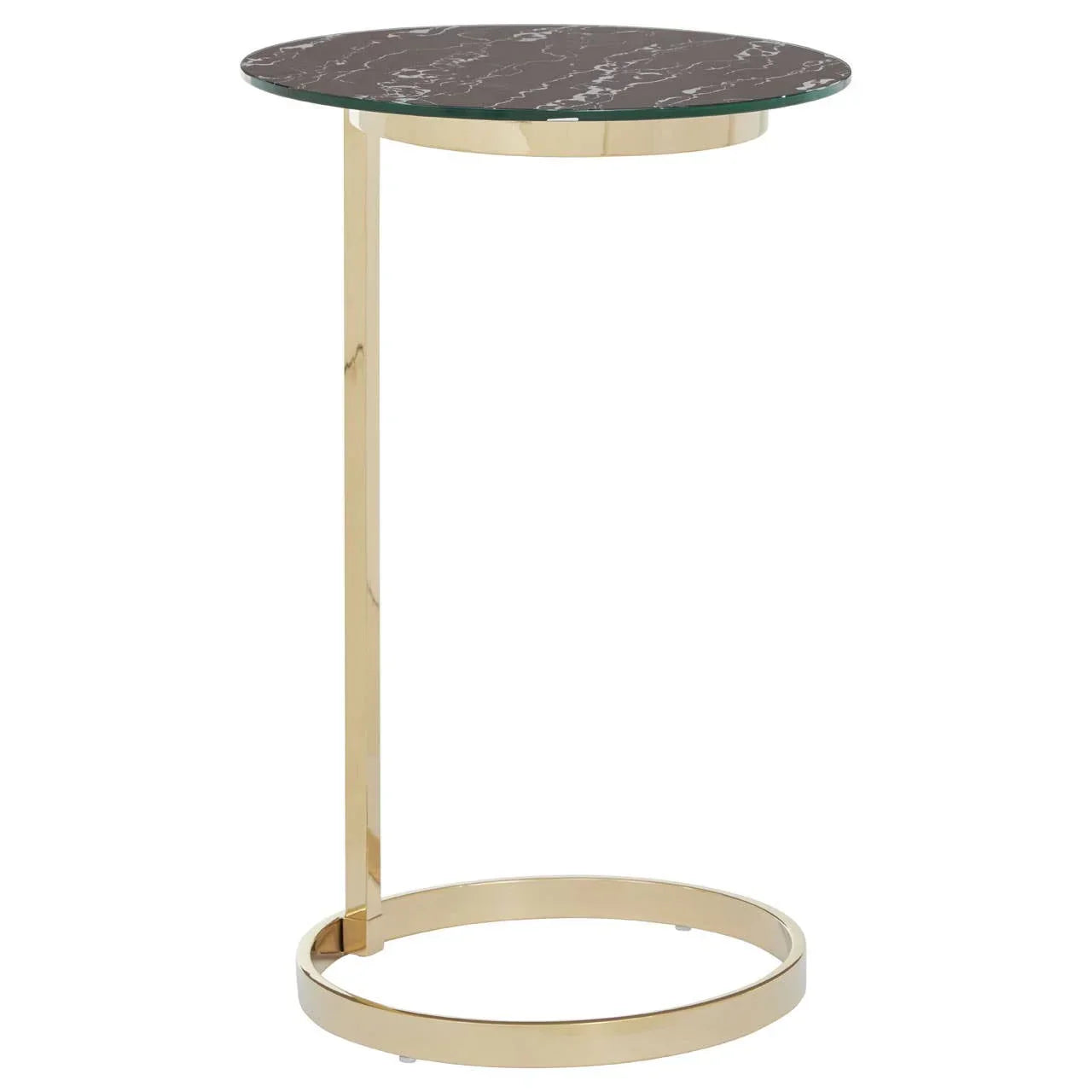 Round marble side table with black top and gold metal frame, modern accent furniture