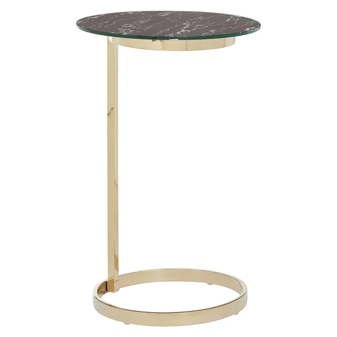 Round marble top side table with gold metal frame and circular base