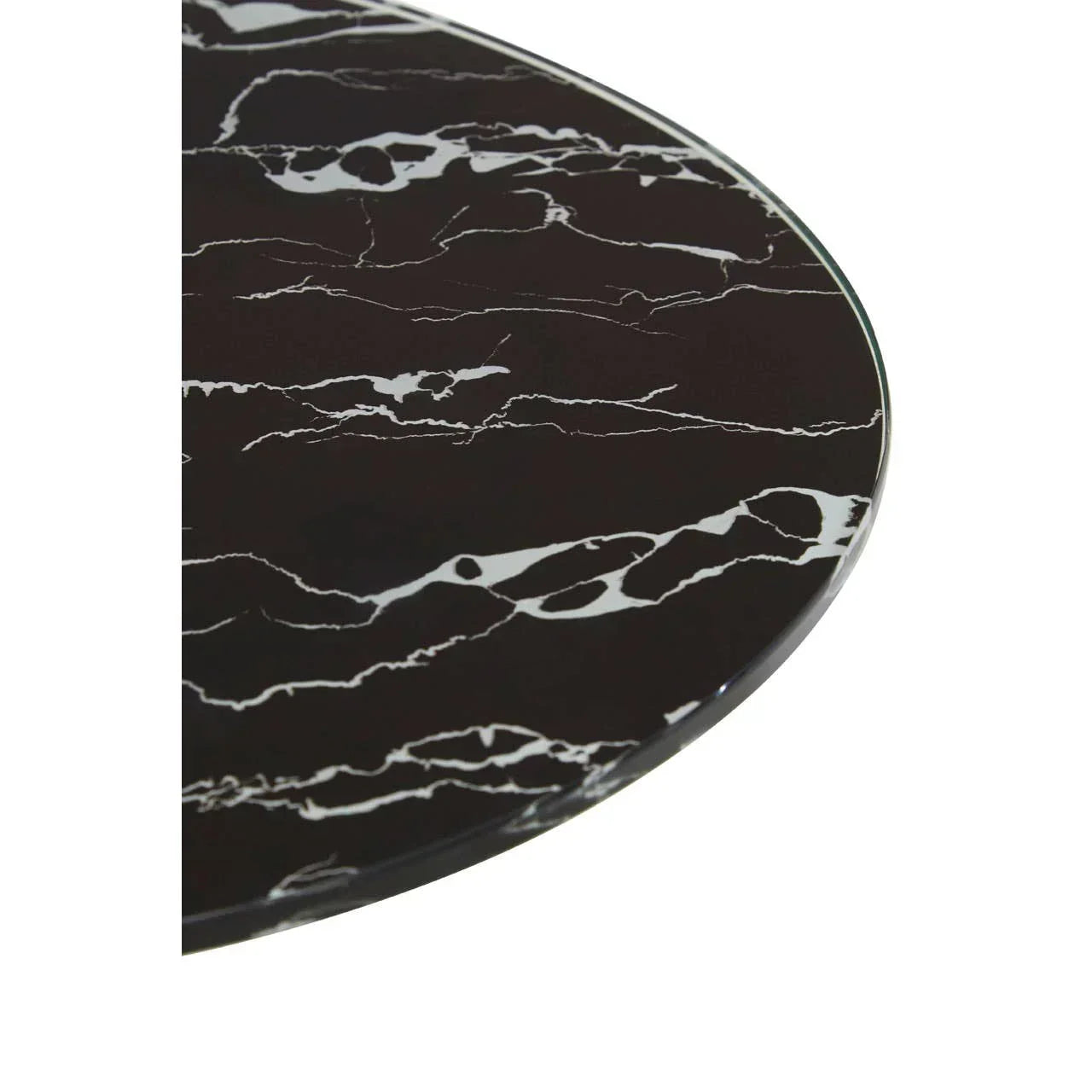 Black marble effect dining table top with white veining, close-up view