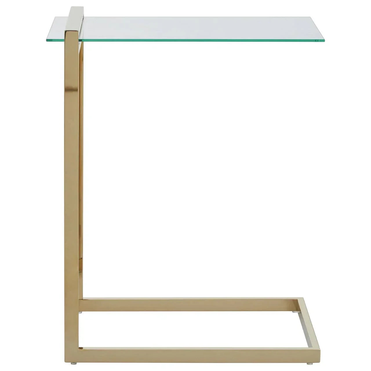 Glass top side table with gold metal frame, modern C-shaped design shown from side view
