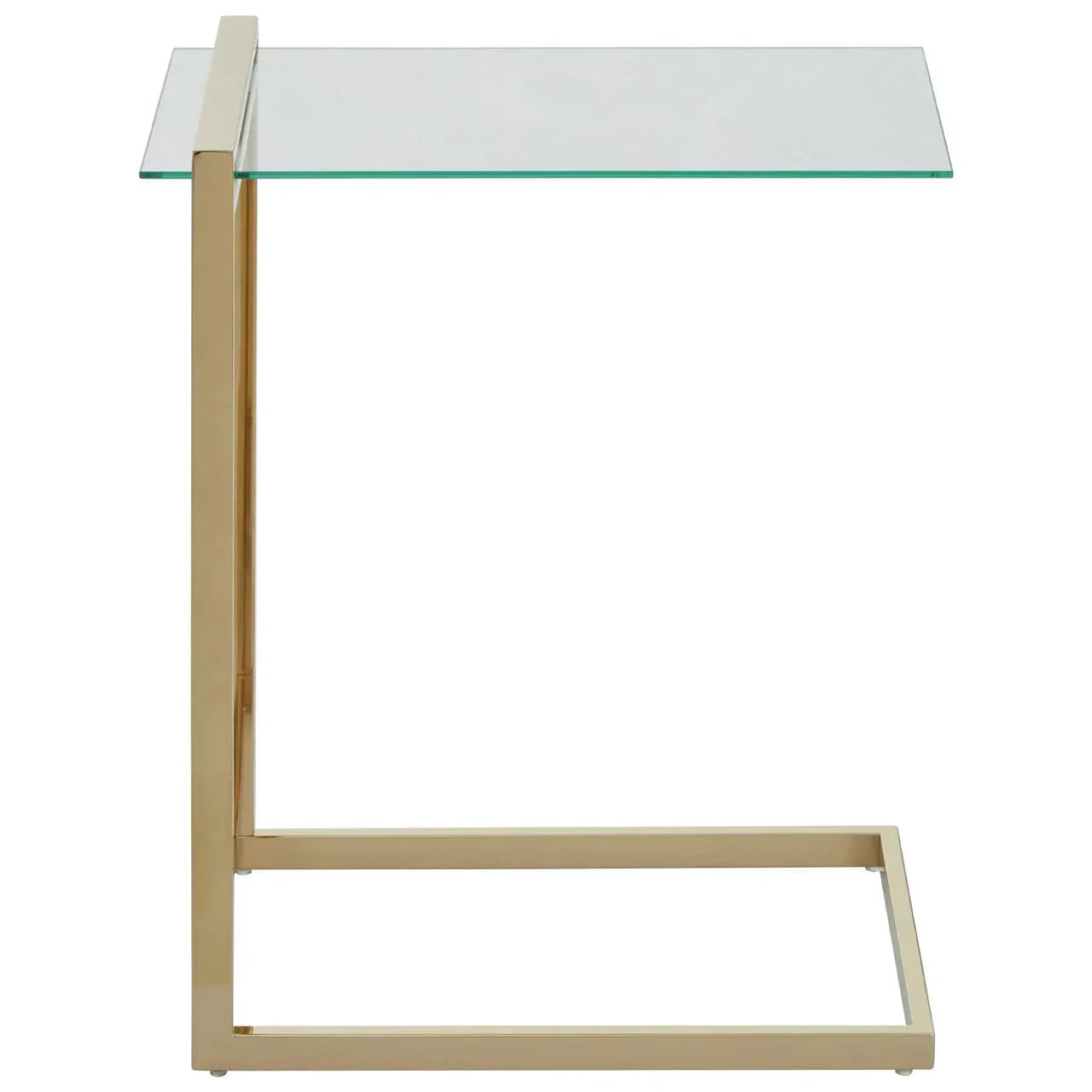 Modern glass side table with gold metal frame, minimalistic C-shape profile, side view