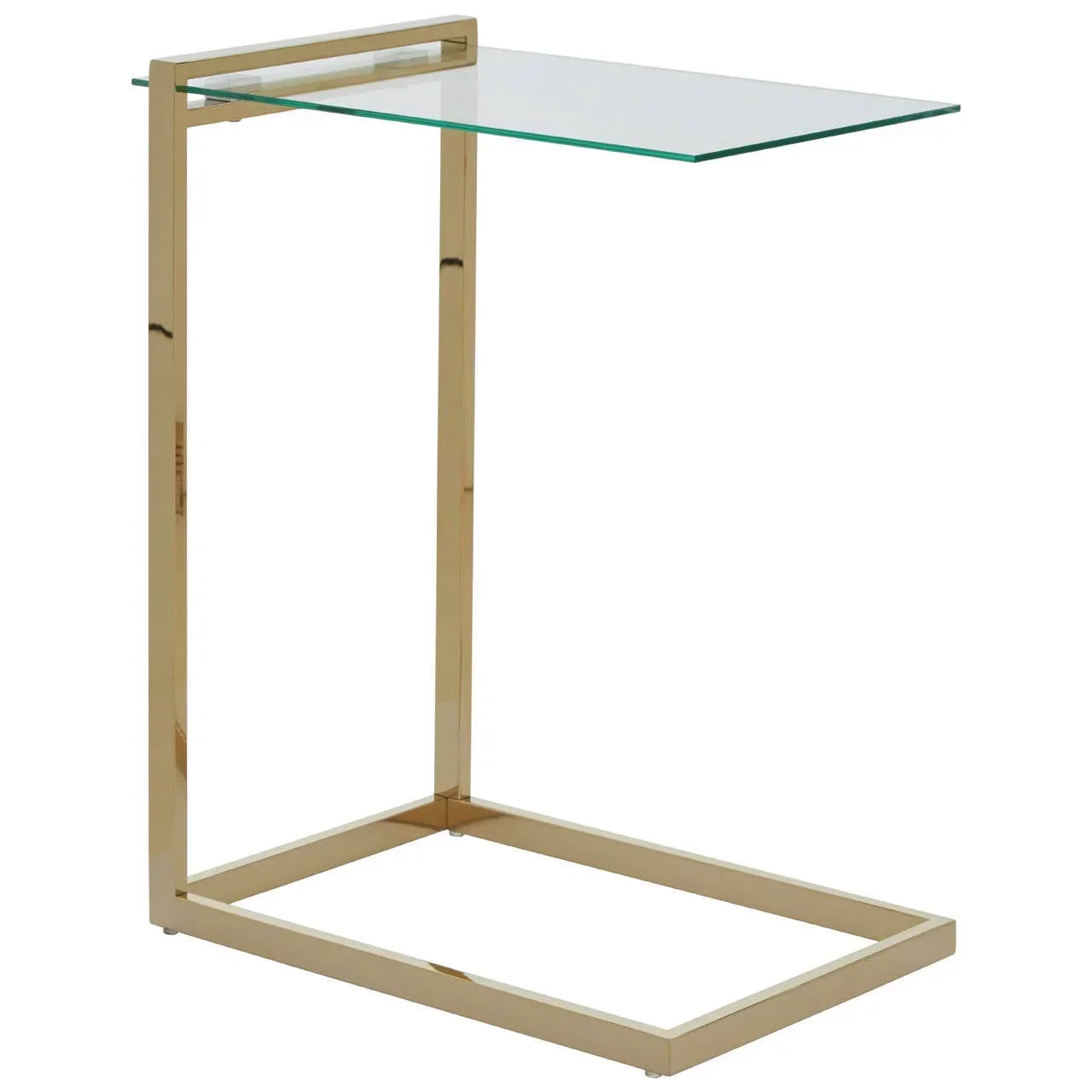 Glass top side table with gold metal frame and modern C-shaped design
