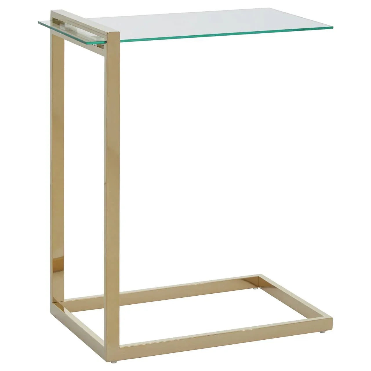 Glass top side table with gold metal frame, modern C-shape design
