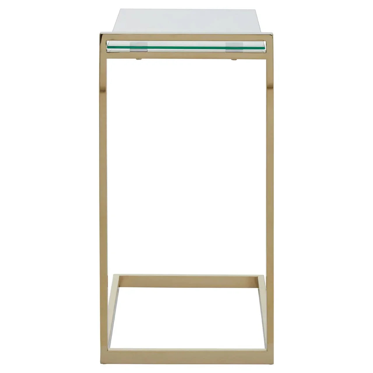 Gold metal side table with clear glass top, shown from front angle