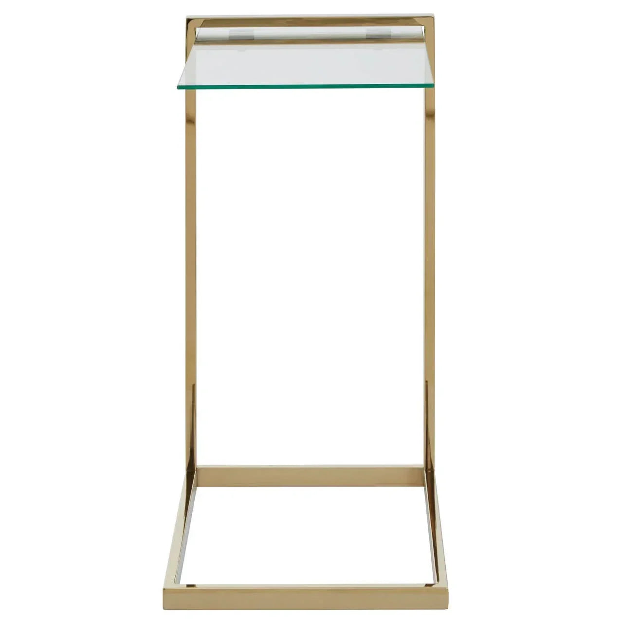 Glass top side table with gold metal frame, front view