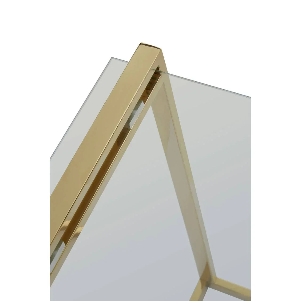 Glass coffee table with gold metal frame corner detail