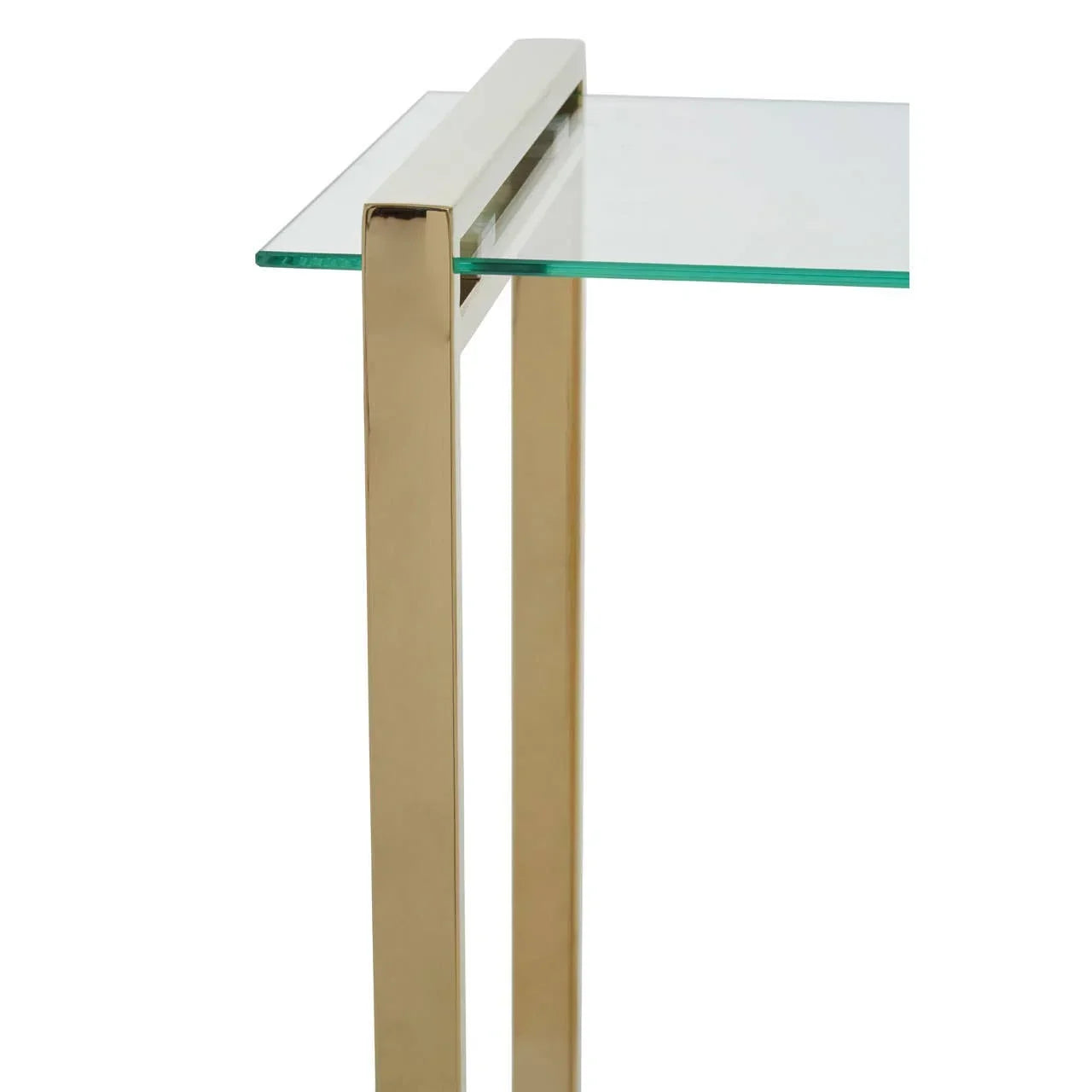 Glass side table with gold metal frame, close-up of tabletop and legs