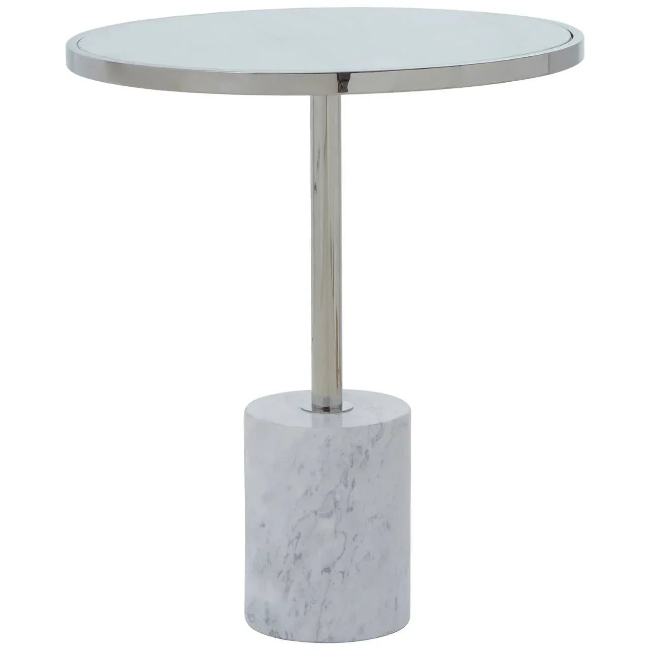 Round side table with chrome top and metal stem on cylindrical white marble base