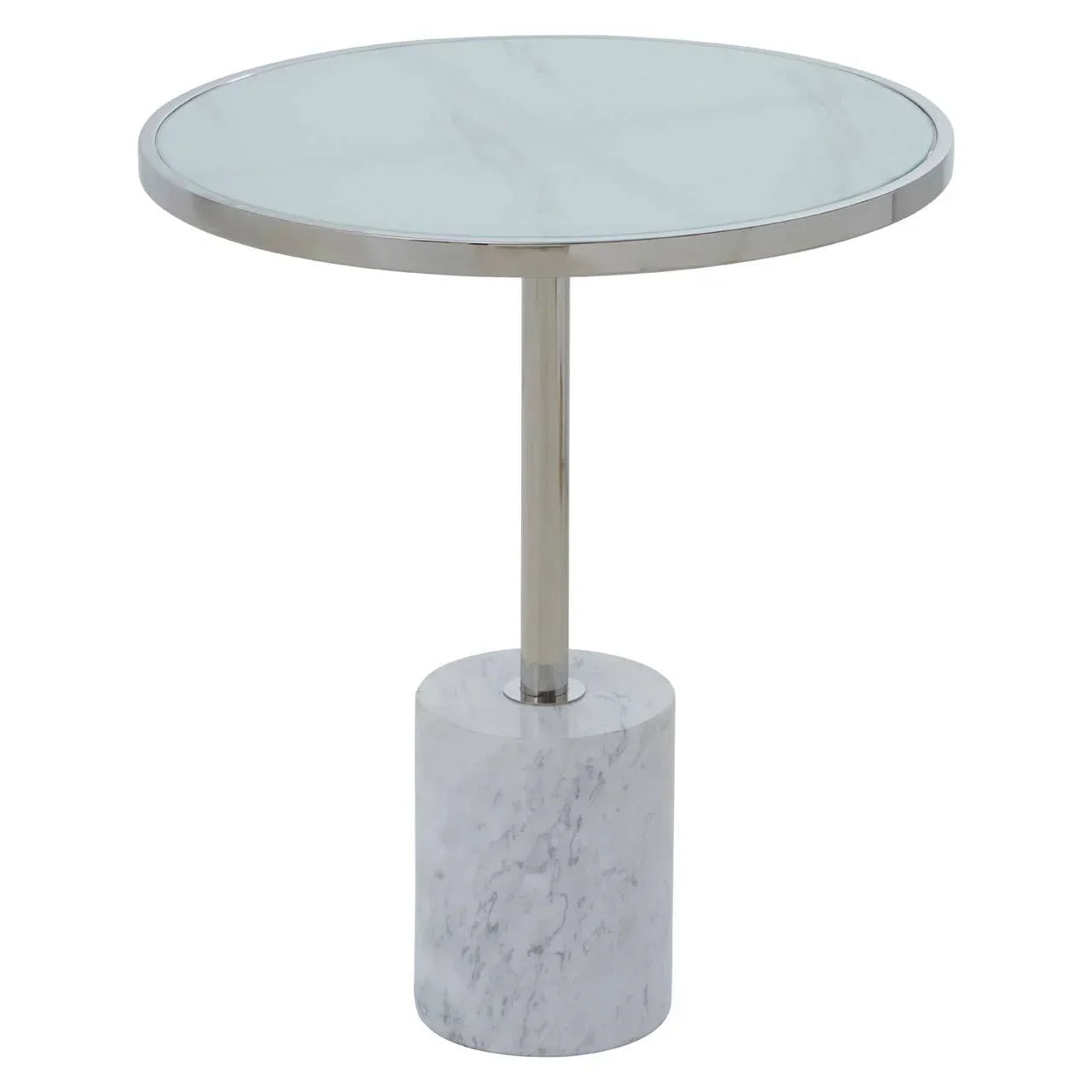 Round marble side table with chrome metal frame and cylindrical marble base