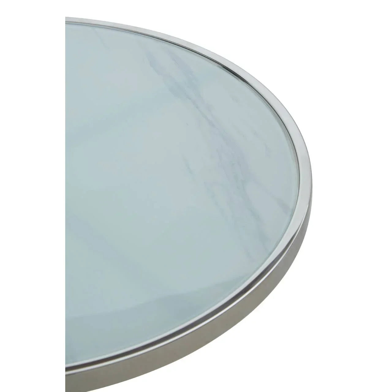 Round marble effect table top with metal edge, close-up