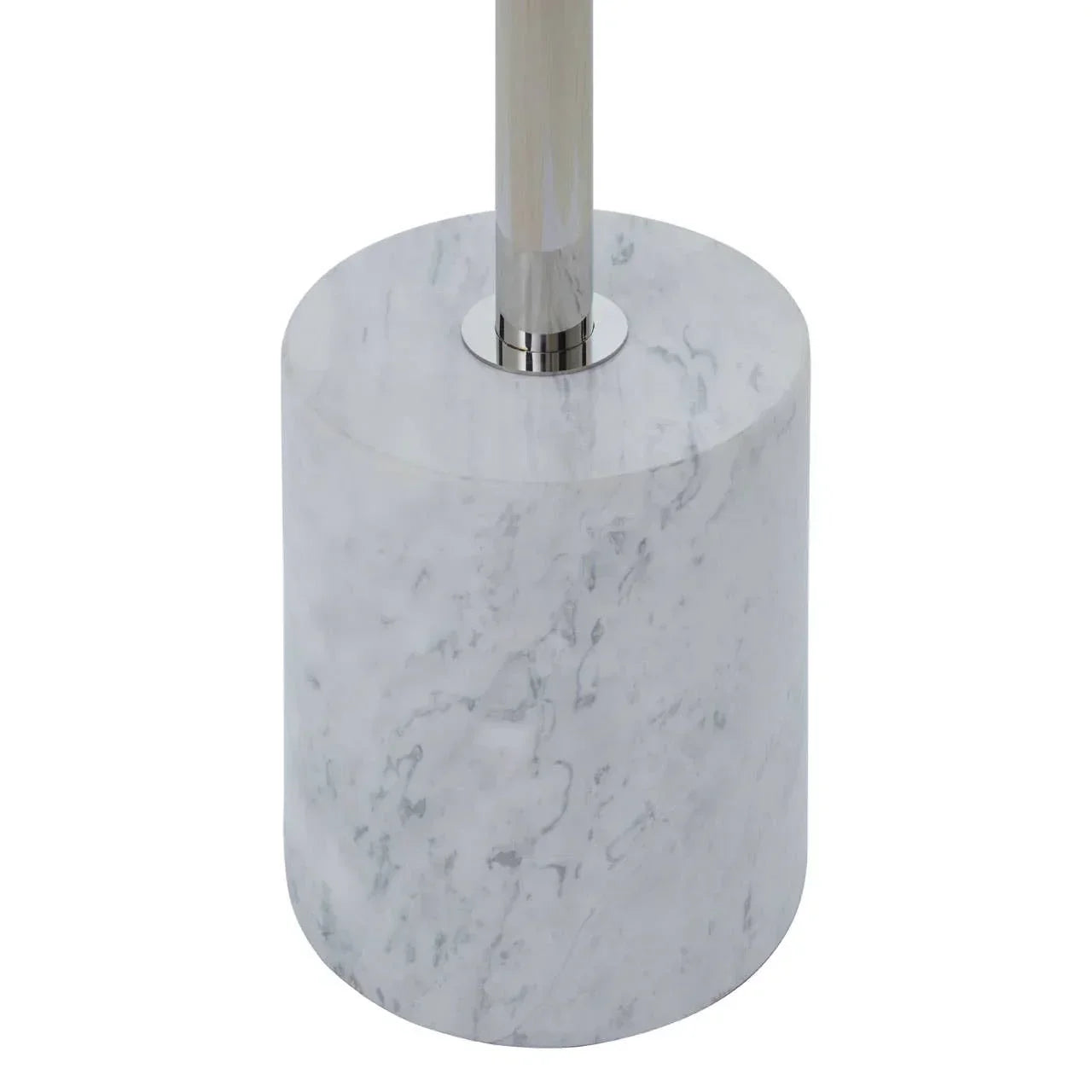 Round white marble lamp base with chrome accent and upright metal pole