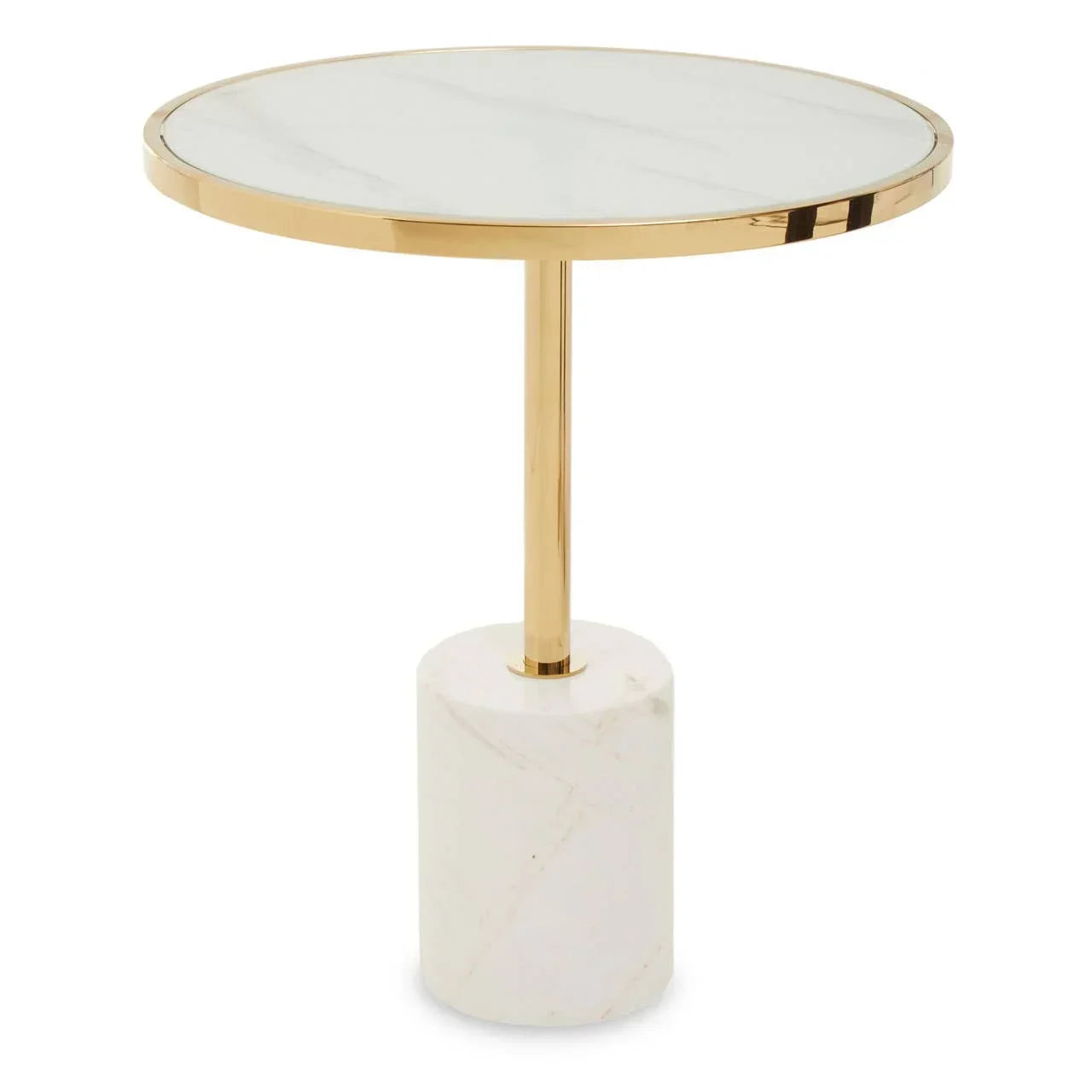 Round marble side table with gold metal frame and cylindrical marble base