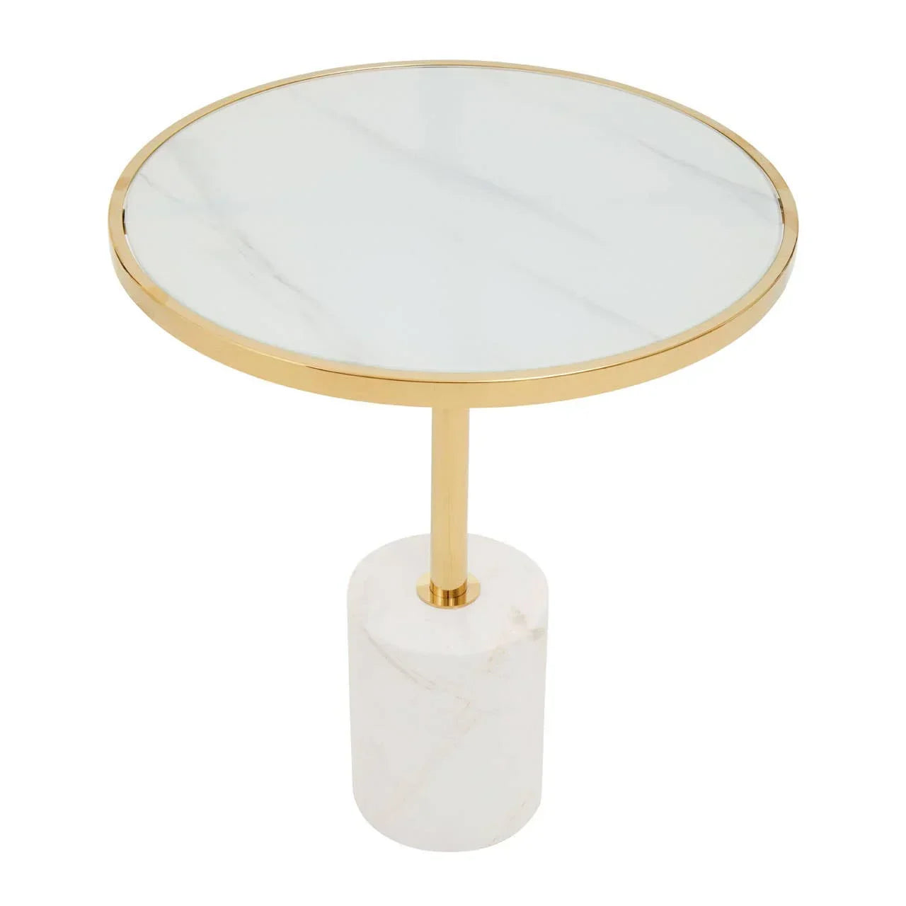 Round side table with gold metal frame, marble effect top, and cylindrical marble base