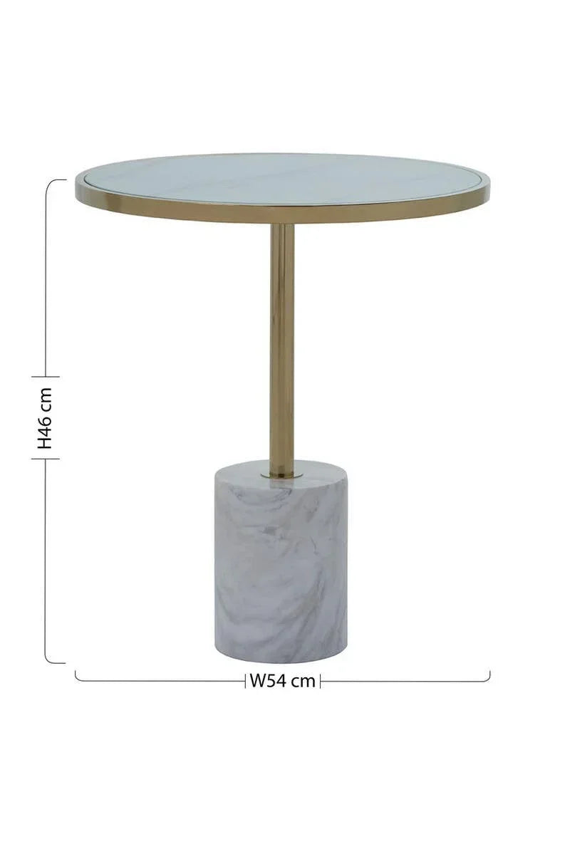 Round side table with marble base, gold metal stem, and glass top, 54cm wide, 46cm high