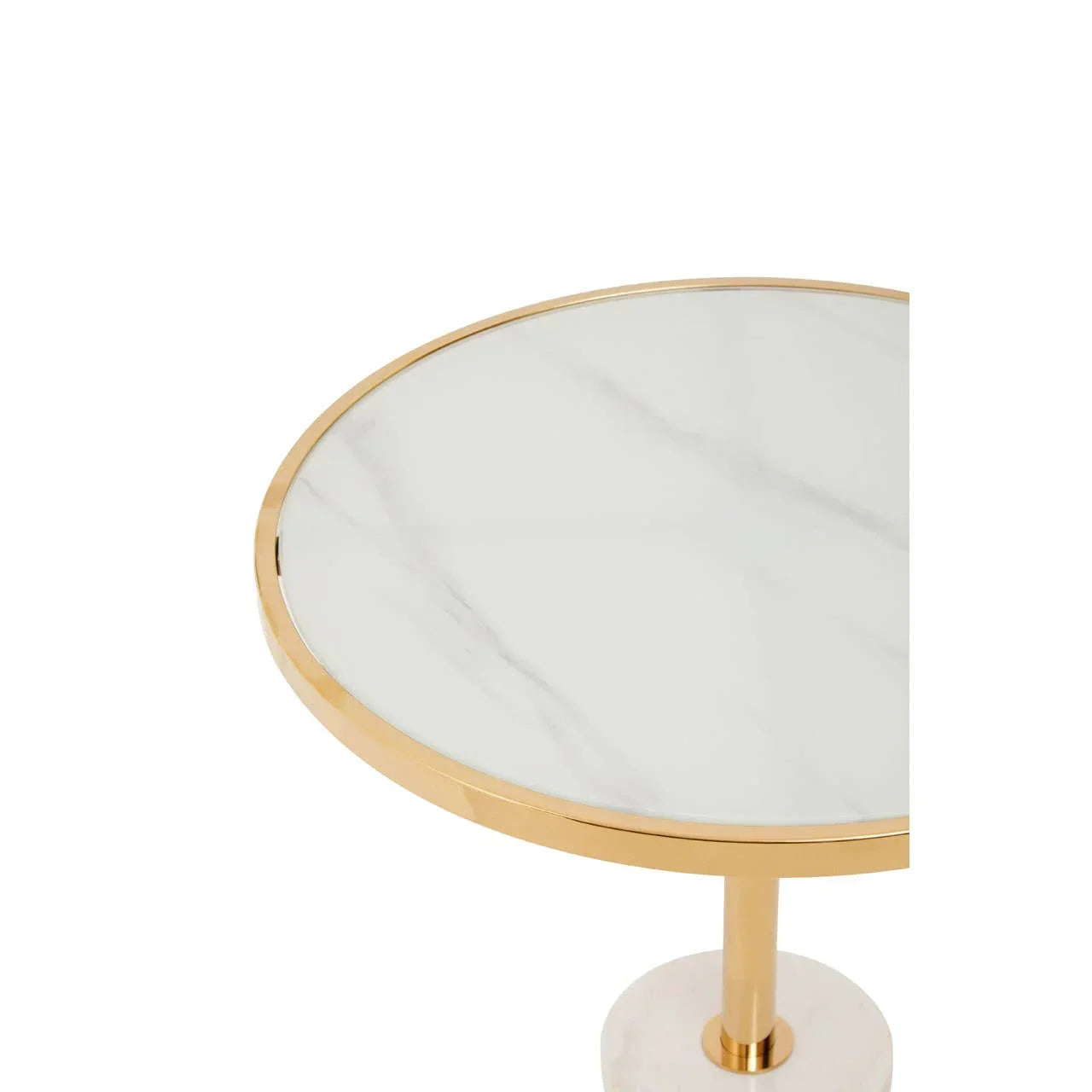 Round marble side table with gold metal frame and pedestal base, close-up view