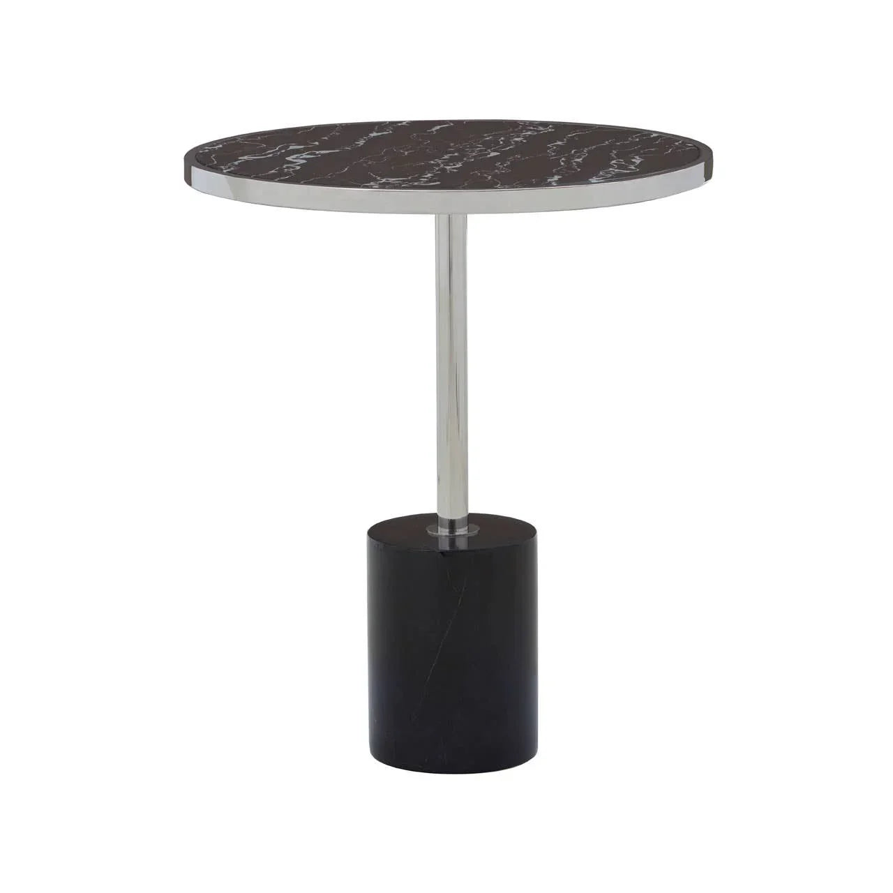 Round black marble side table with chrome pedestal base on white background