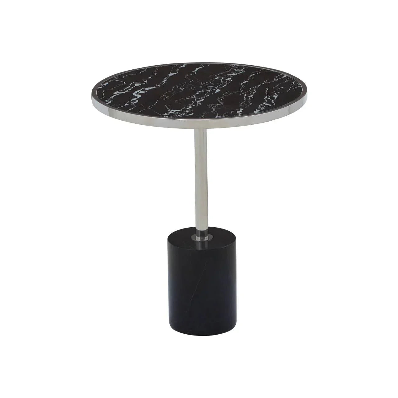 Round black marble side table with chrome pedestal base and cylindrical support