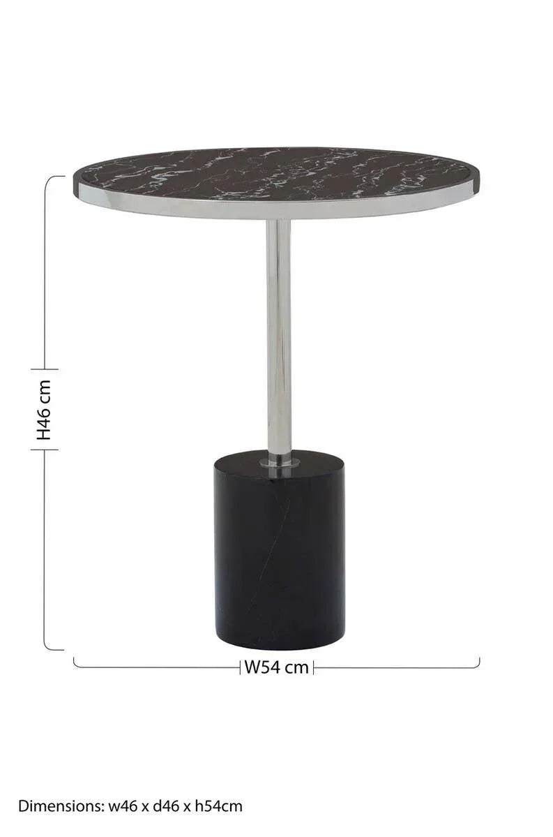 Round black marble side table with metal base and dimensions shown