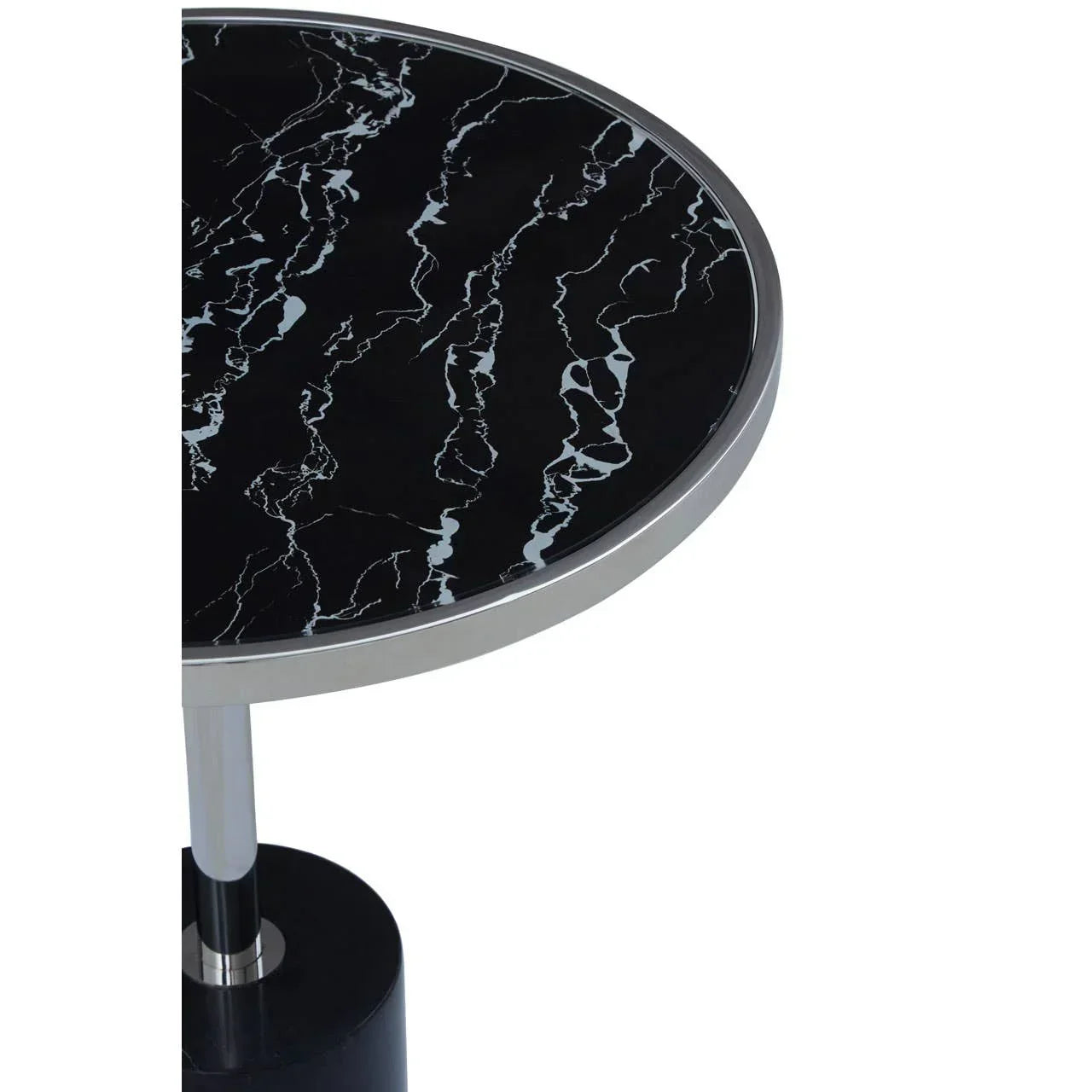 Round black marble side table with silver metal edge and pedestal base