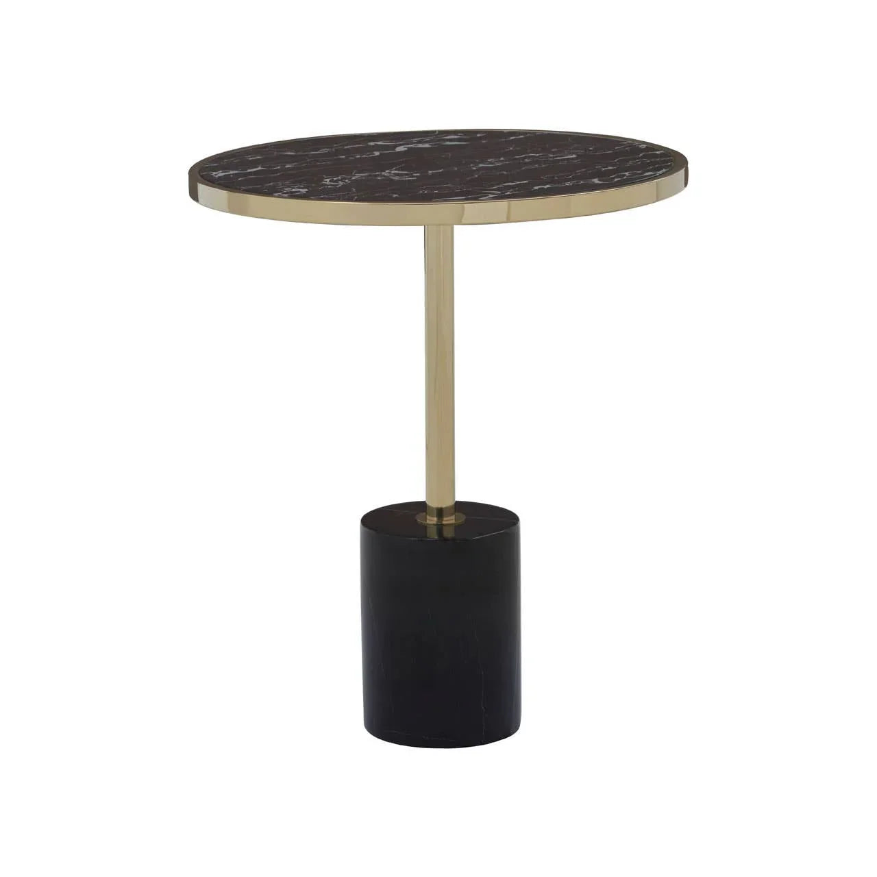 Round side table with black marble top, gold frame, and black cylindrical base