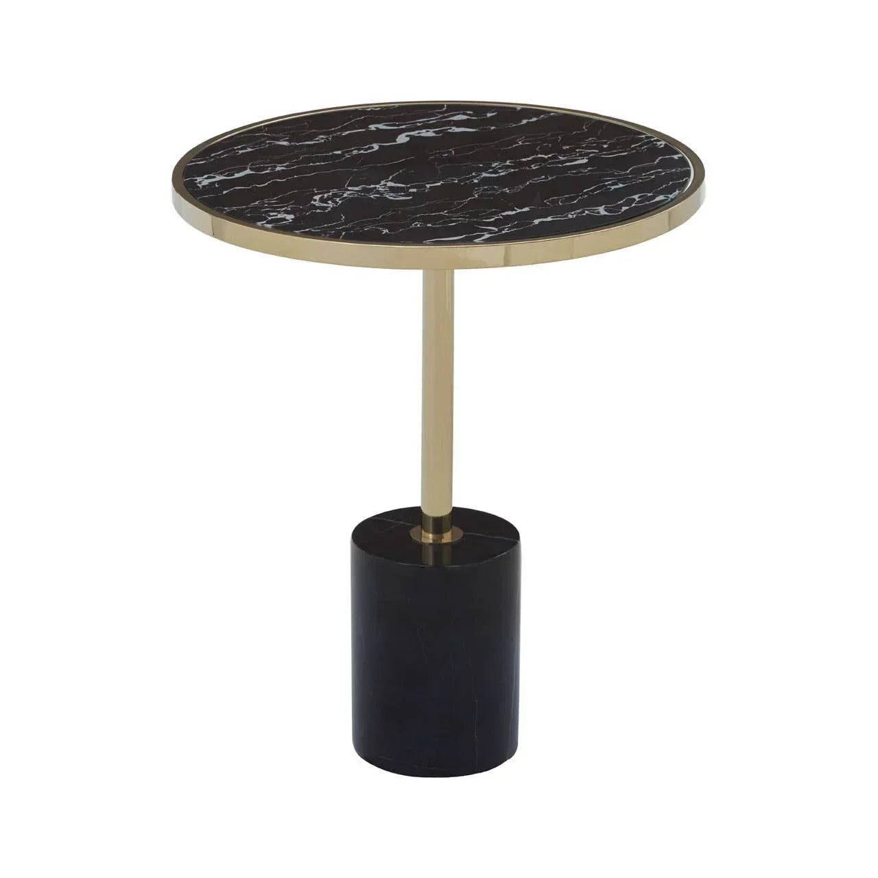 Round side table with black marble top, gold frame, and cylindrical marble base