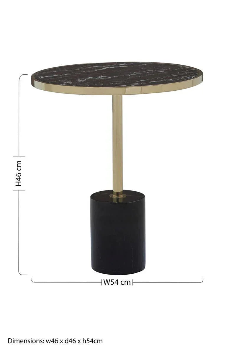 Round side table with black marble top, gold metal trim, and cylindrical black base