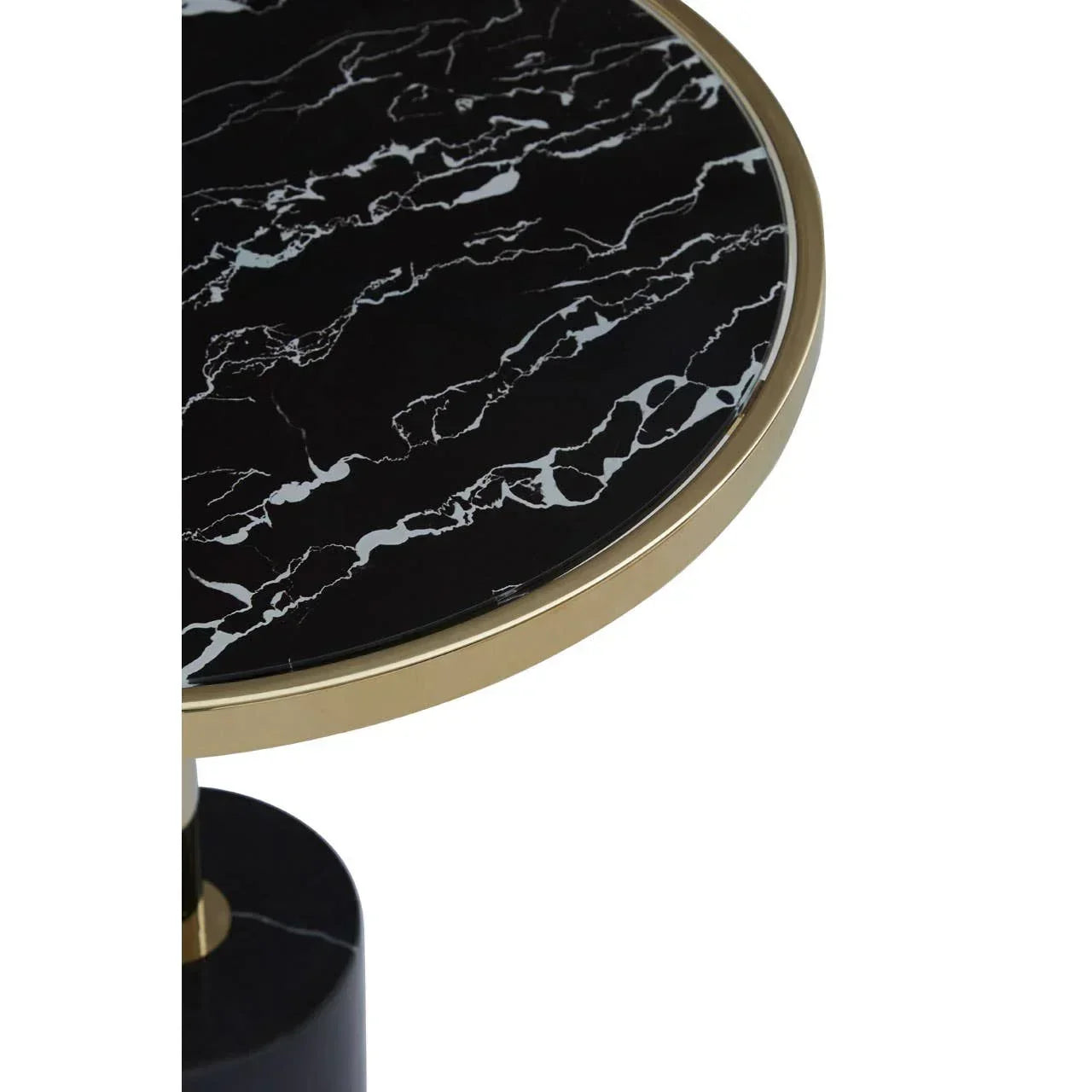 Round black marble side table with gold metal rim and base detail