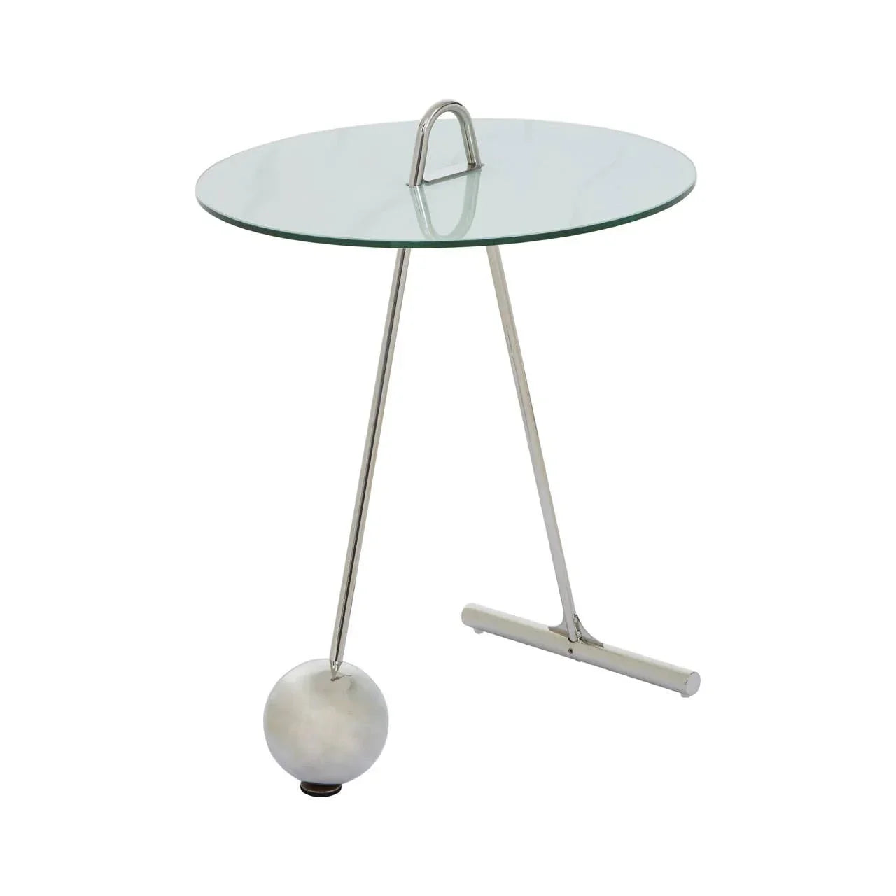 Modern glass side table with metal legs and circular top, sculptural accent furniture