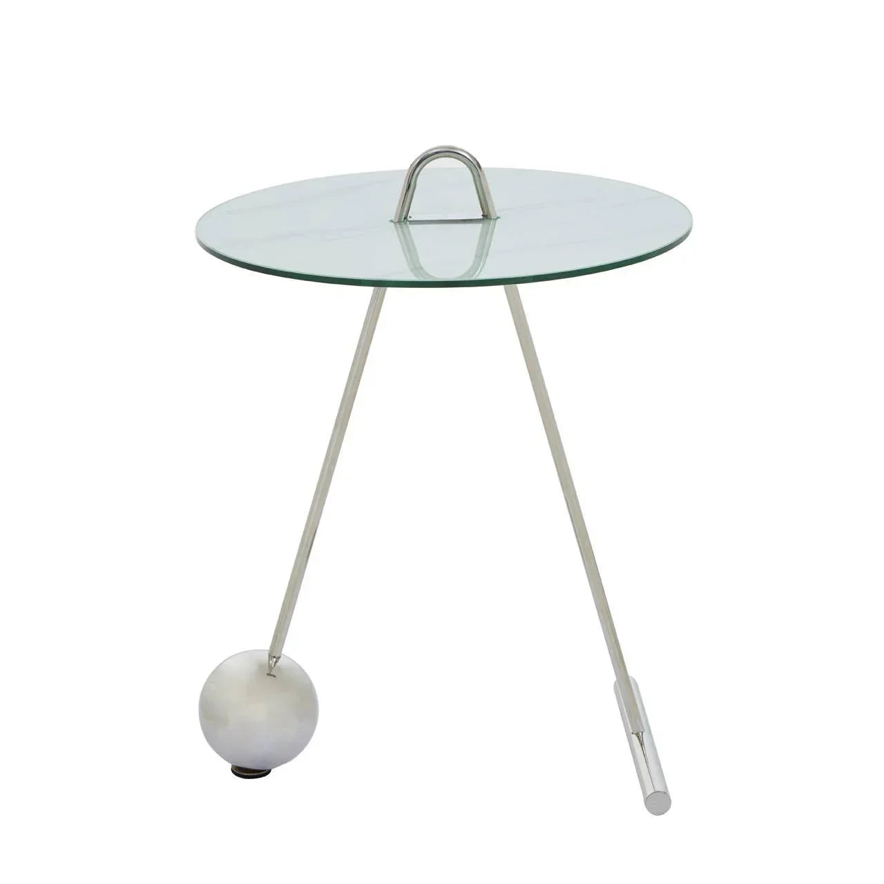 Modern glass side table with metal tripod legs and circular top