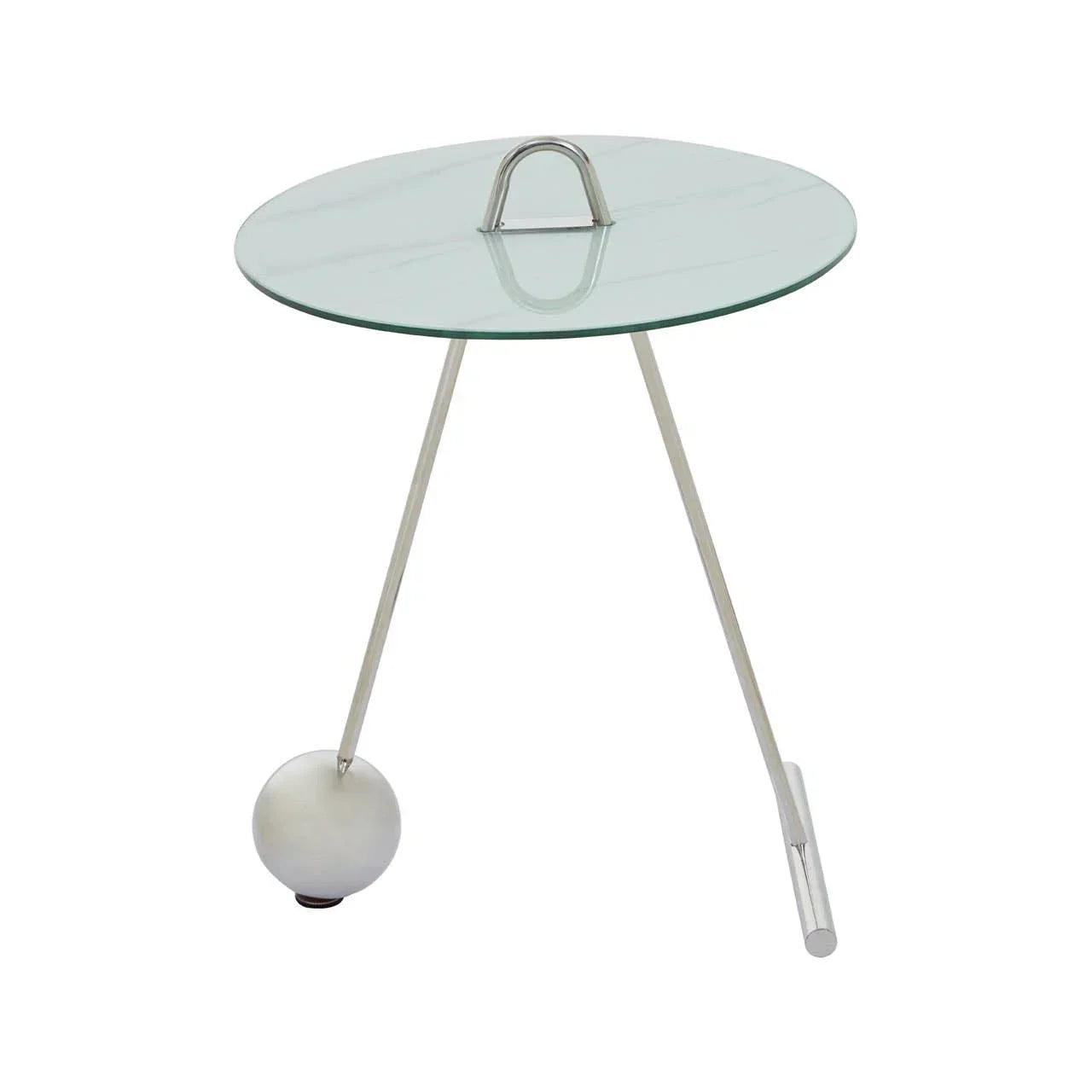 Glass top accent side table with metal tripod legs and sphere base detail