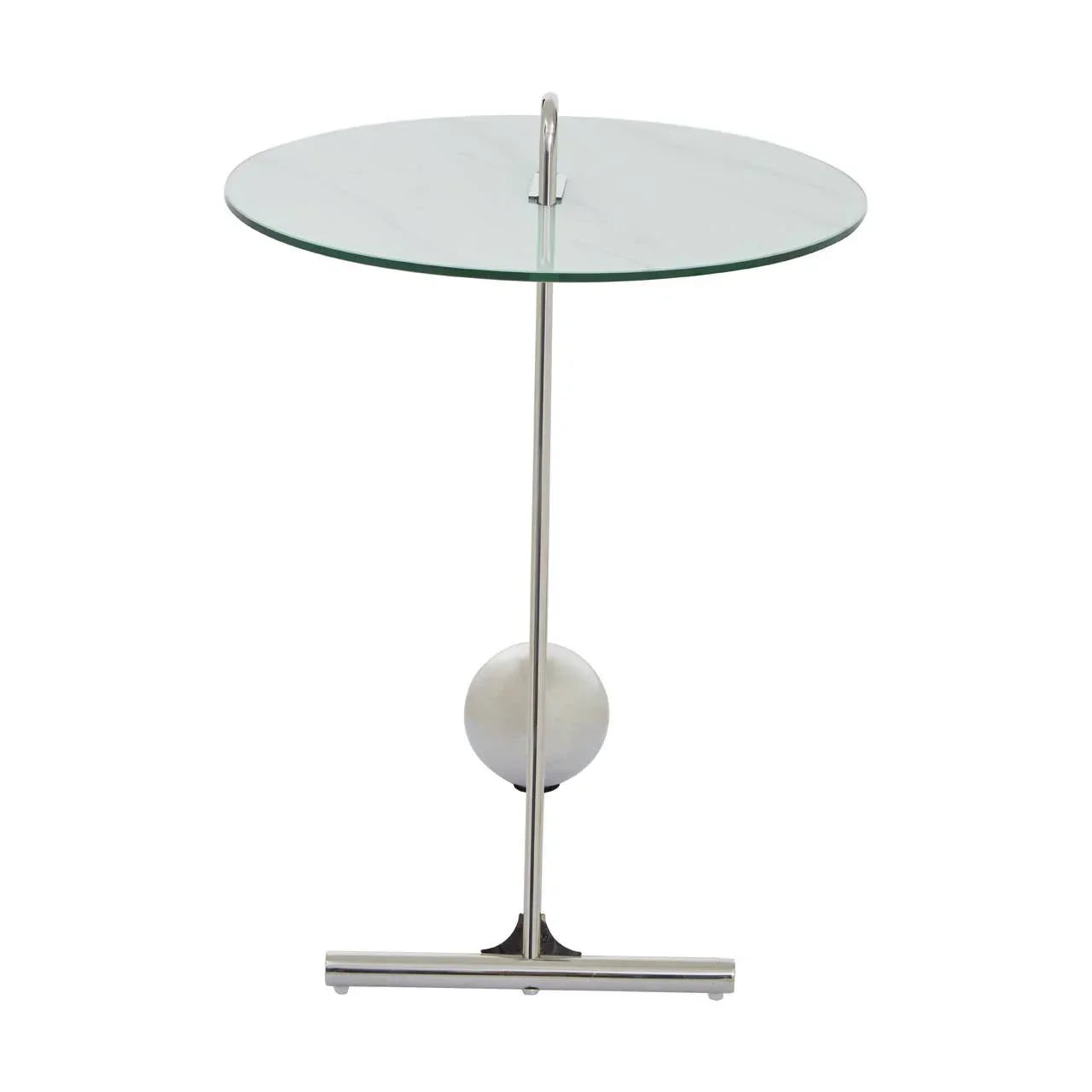 Round glass side table with chrome metal frame and marble ball accent, front view