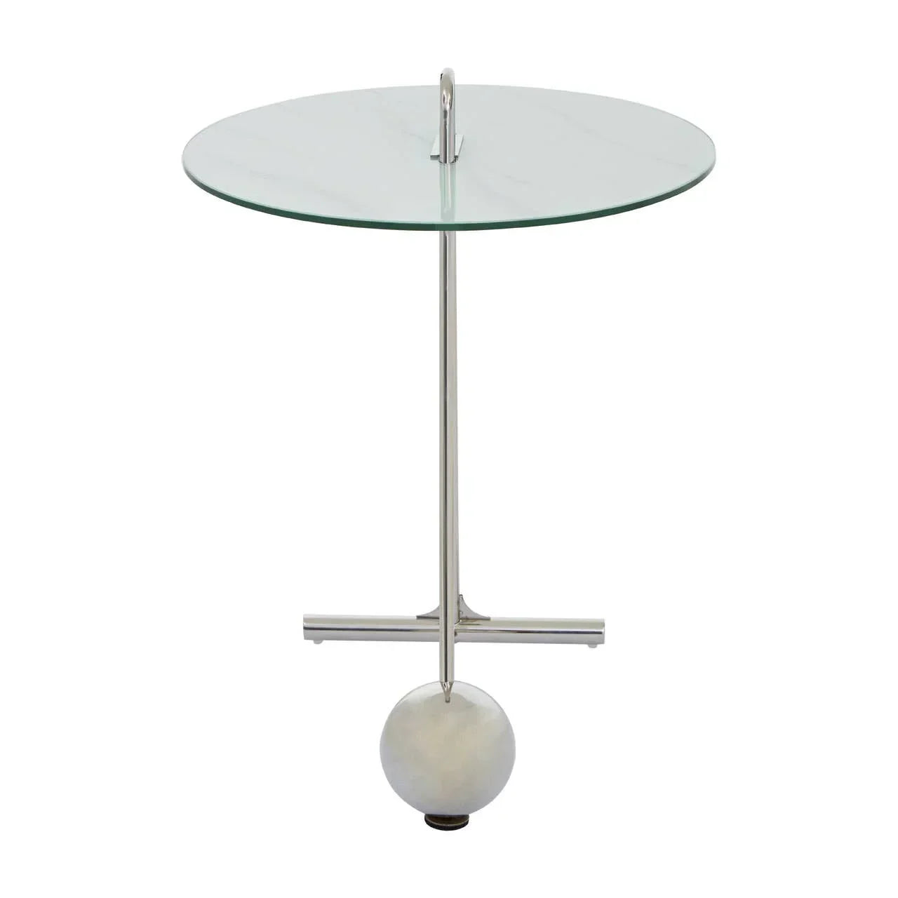 Modern glass side table with round top, chrome base and marble sphere detail
