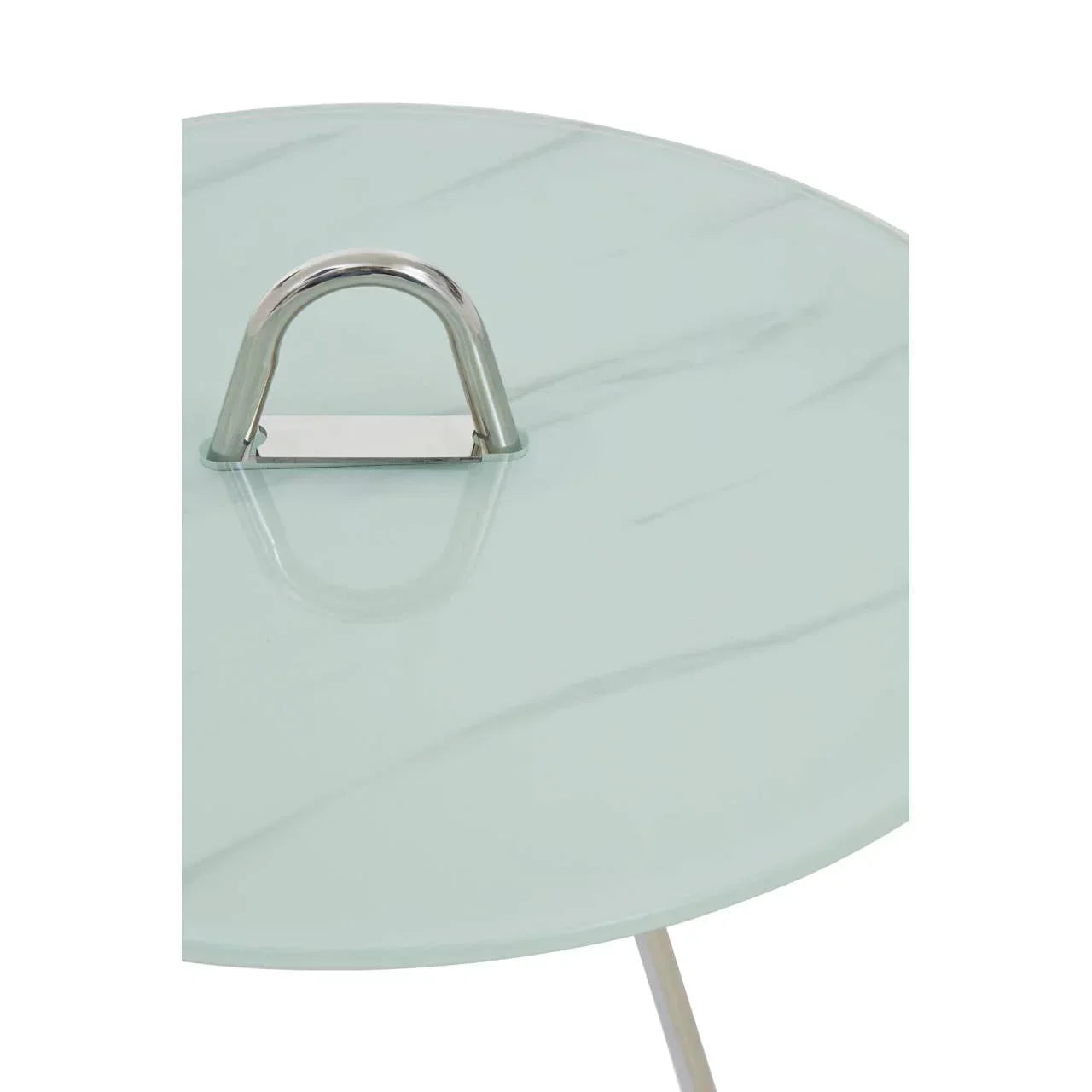 Round glass coffee table with chrome handle and light marble pattern surface