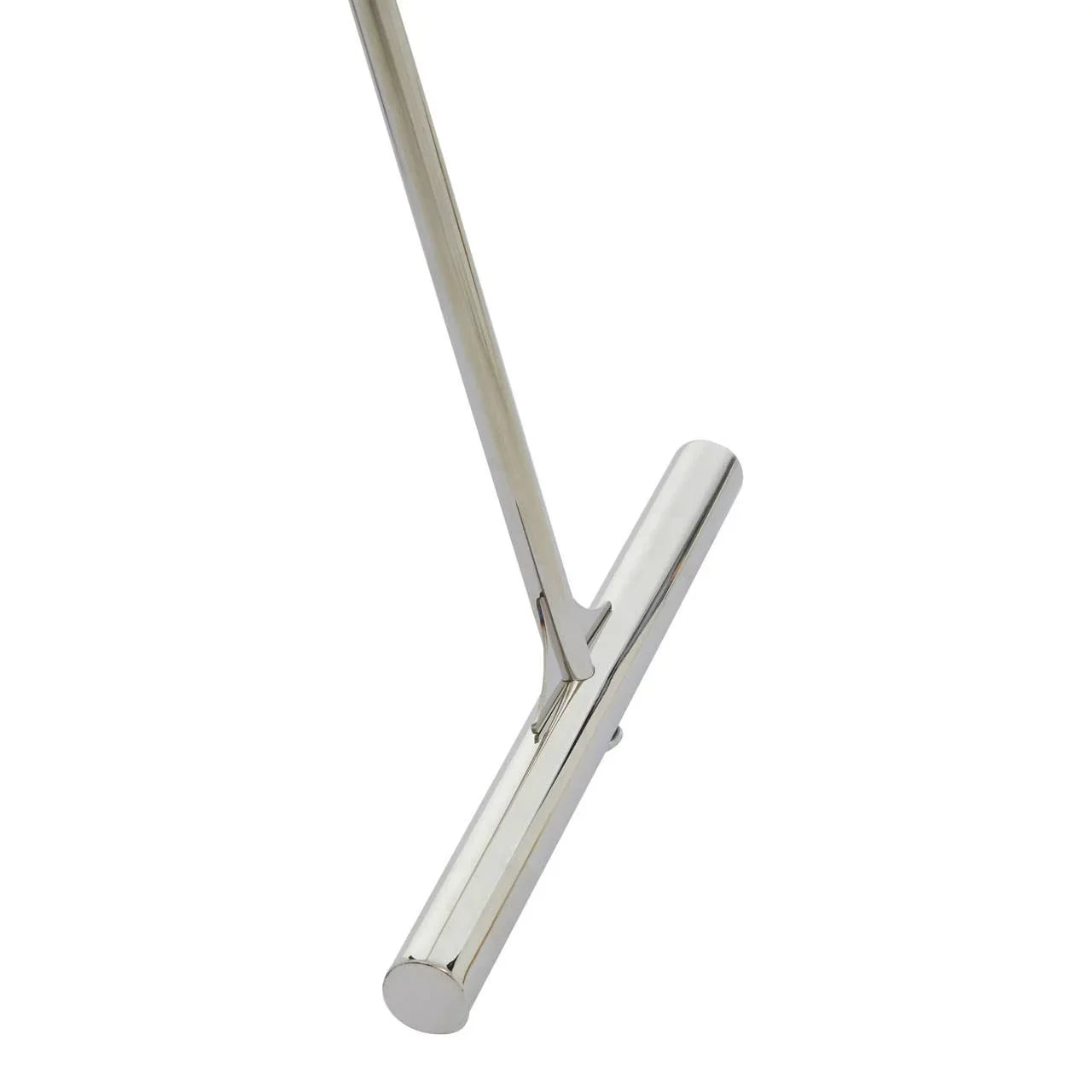 Chrome bathroom squeegee with sleek metal handle and cylindrical blade holder