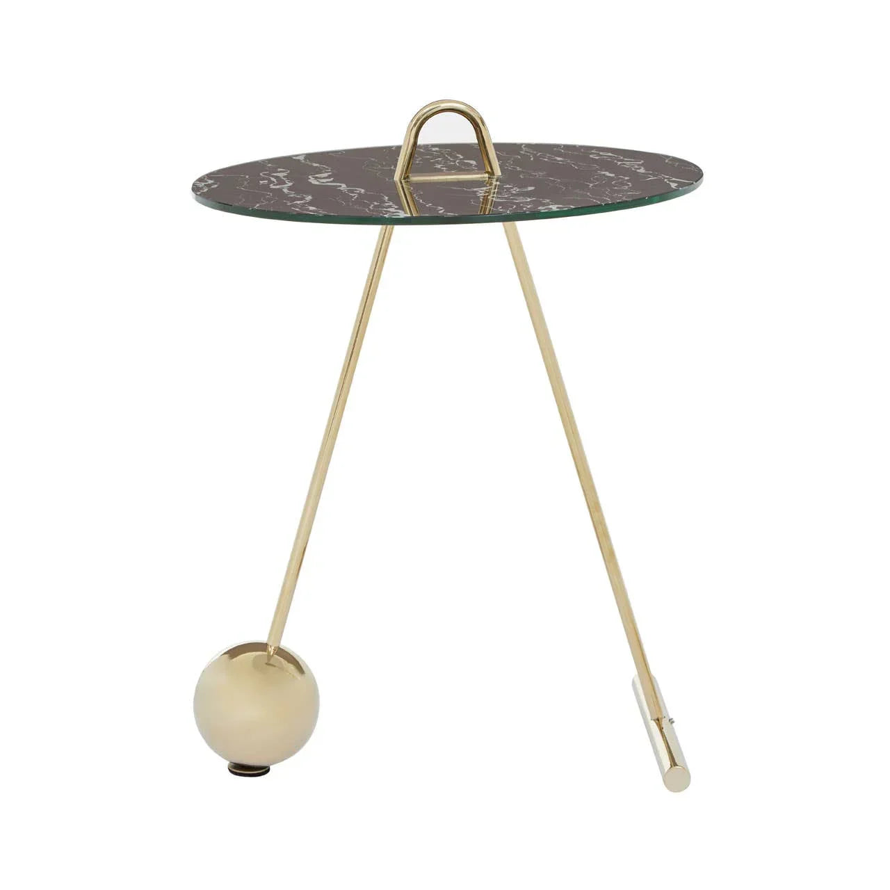 Black marble side table with gold tripod legs and handle detail