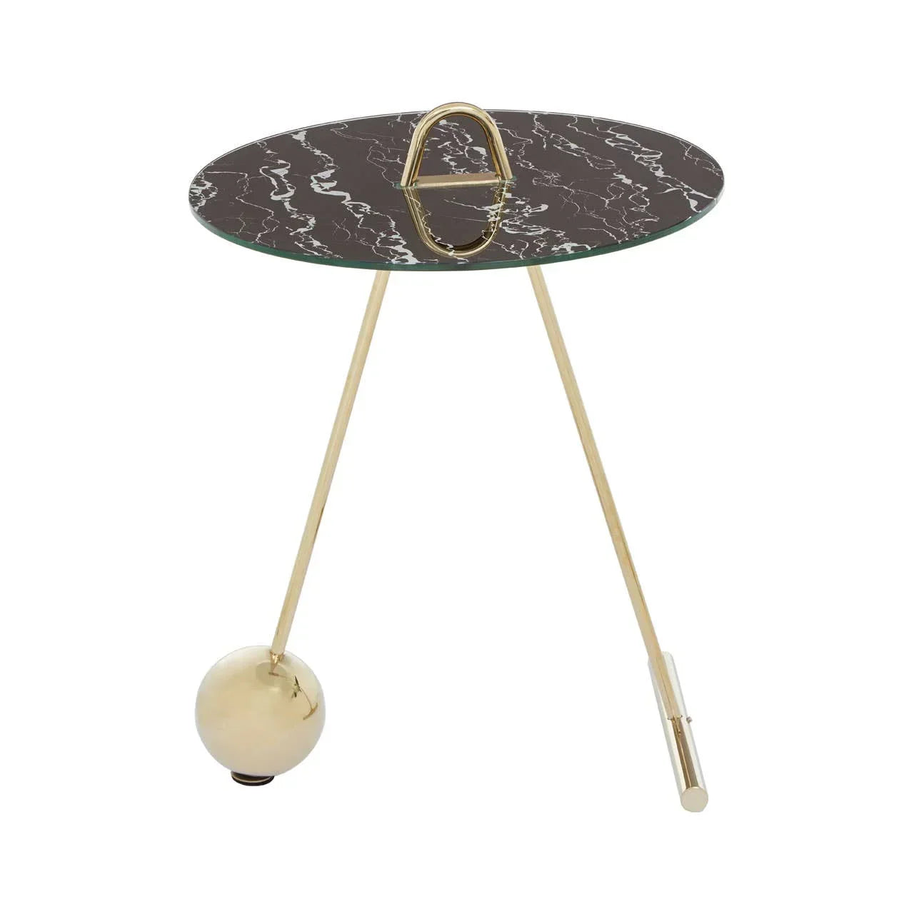 Round marble side table with gold metal legs and decorative handle on tabletop