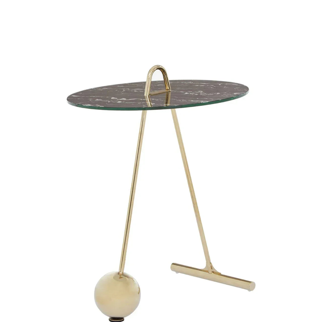 Round marble top side table with gold metal legs and sculptural base