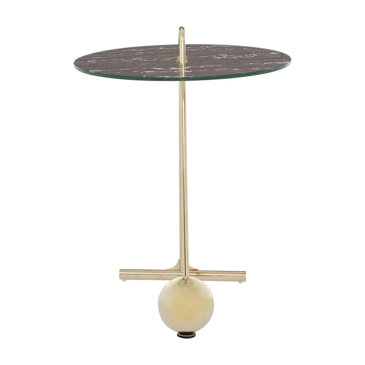 Round marble side table with gold metal frame and unique spherical base