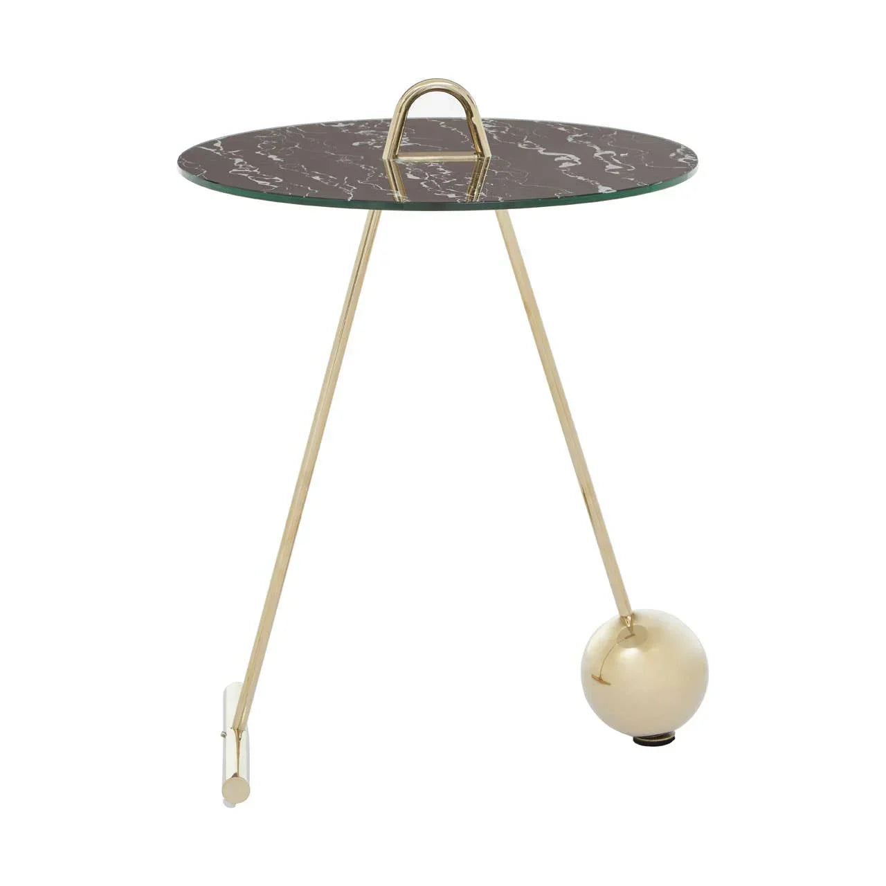 Round marble side table with gold metal tripod legs and unique spherical accent