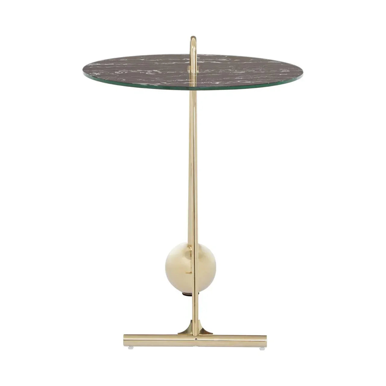 Round side table with black marble top and gold metal base, front view
