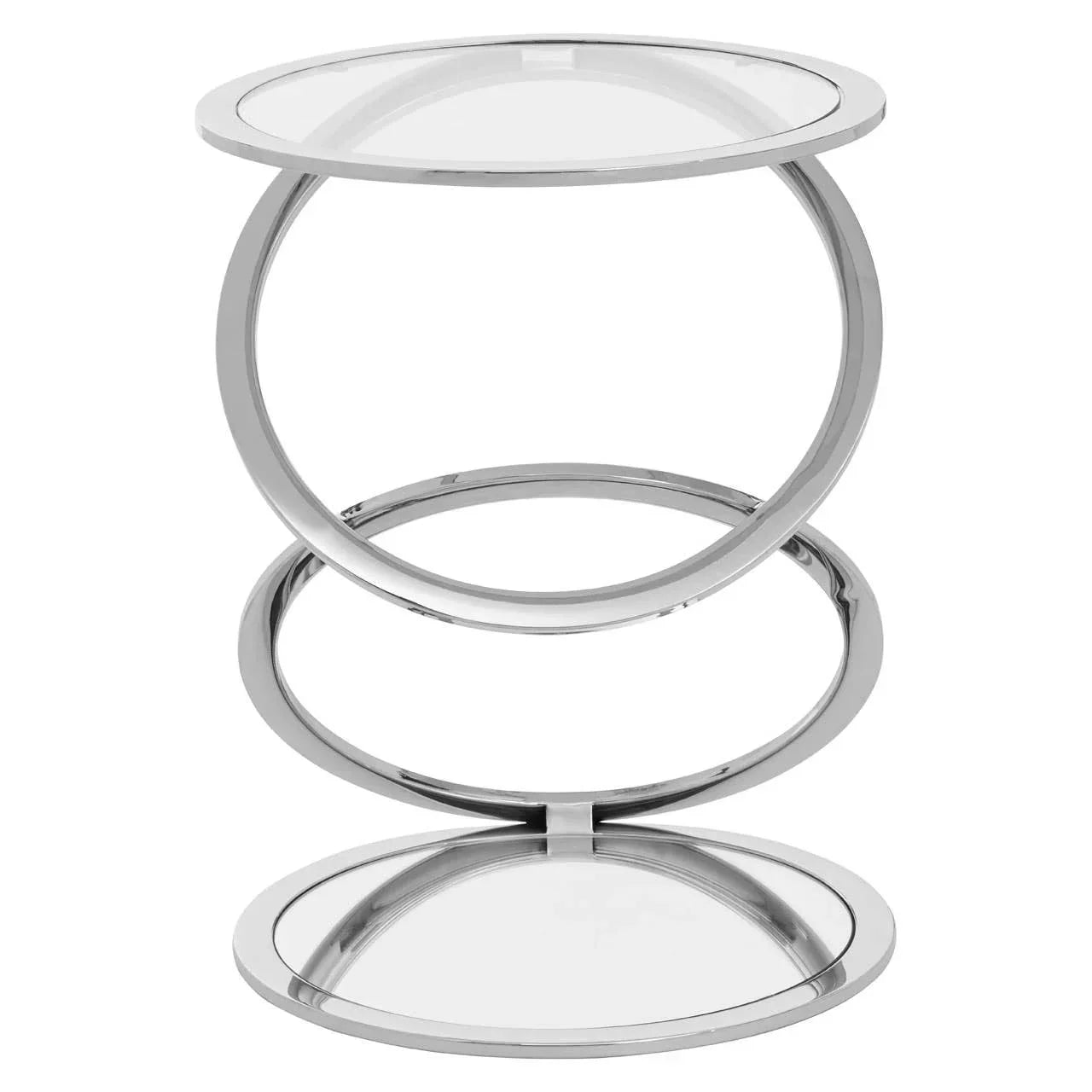 Round glass and chrome side table with modern circular metal frame design