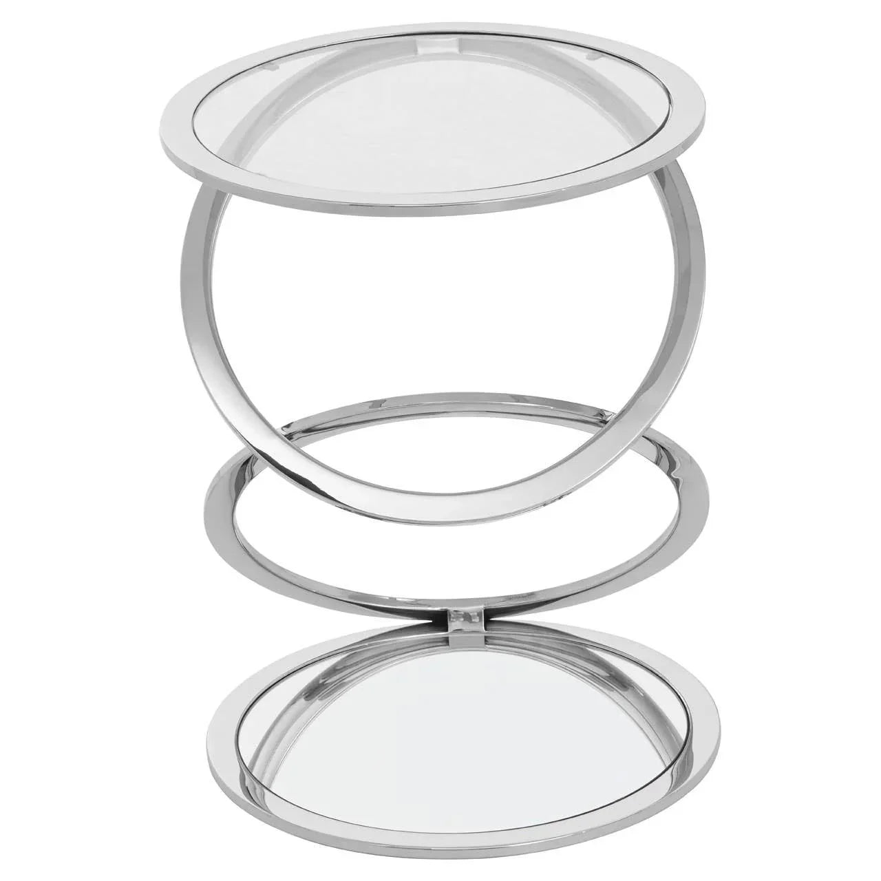 Round glass top side table with chrome metal frame and circular mirrored base