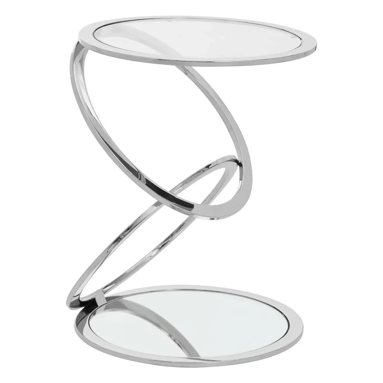 Round glass side table with chrome metal spiral frame and mirrored base