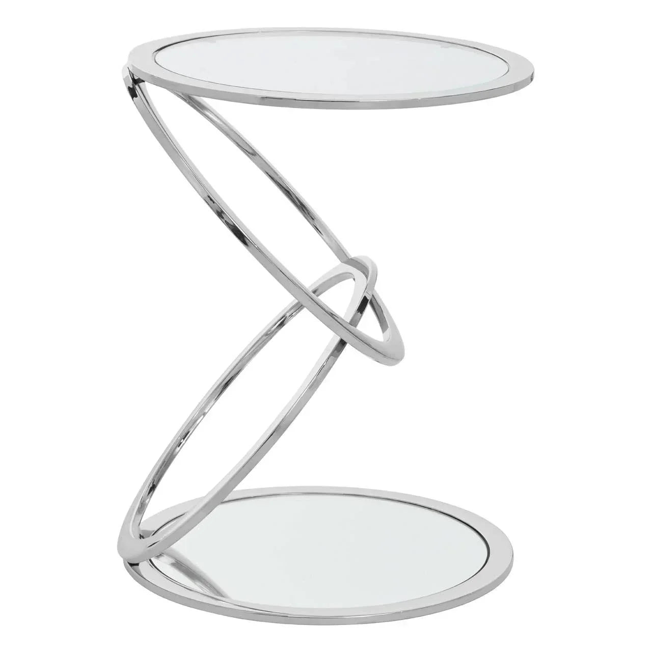 Round glass side table with chrome spiral metal frame and mirrored base