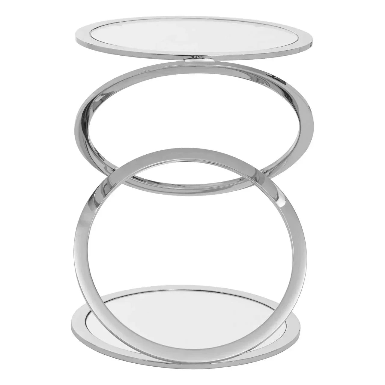 Round glass side table with chrome metal circular frame and base