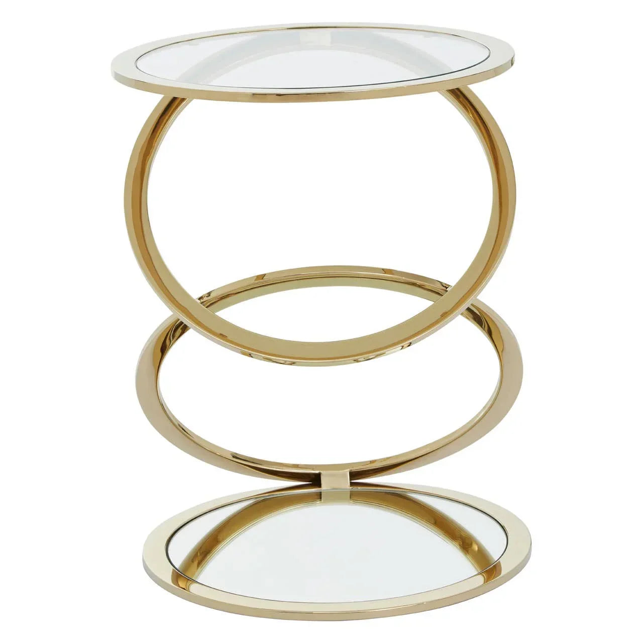 Modern gold metal side table with circular glass top and base, geometric open frame design