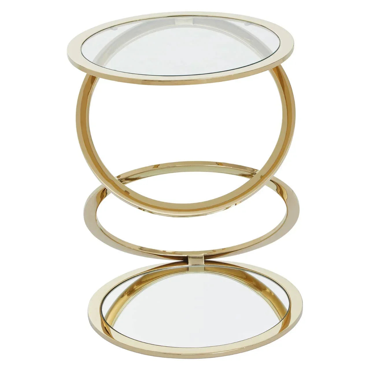 Round glass top side table with gold metal frame and mirrored base