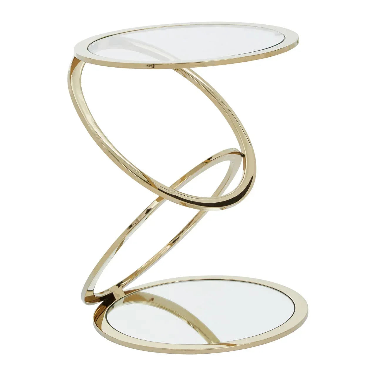 Gold metal and glass side table with spiral frame and round top on white background