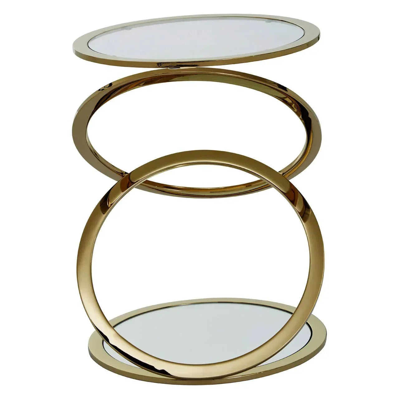 Gold metal side table with circular glass top and base, sculptural modern design